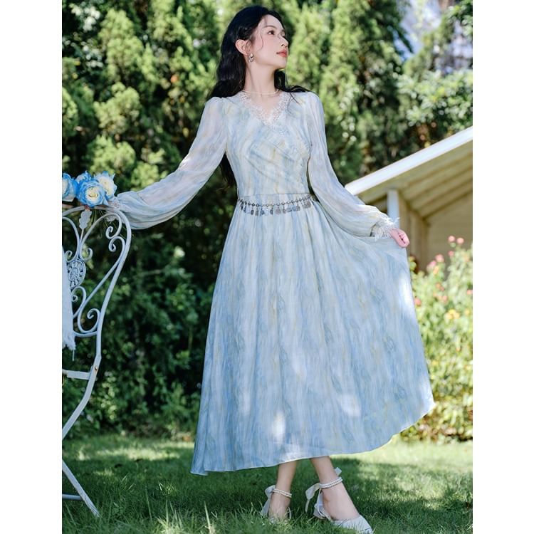 Long-Sleeve V-Neck Tie Dye Lace Trim Ruched Midi A-Line Dress / Waist Chain / Set