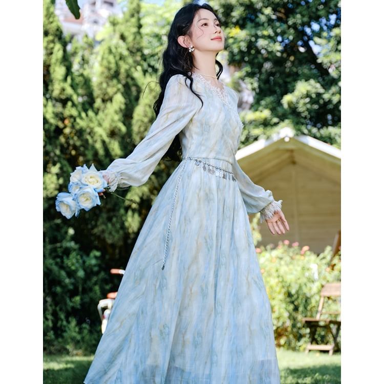 Long-Sleeve V-Neck Tie Dye Lace Trim Ruched Midi A-Line Dress / Waist Chain / Set