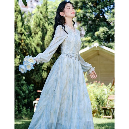 Long-Sleeve V-Neck Tie Dye Lace Trim Ruched Midi A-Line Dress / Waist Chain / Set