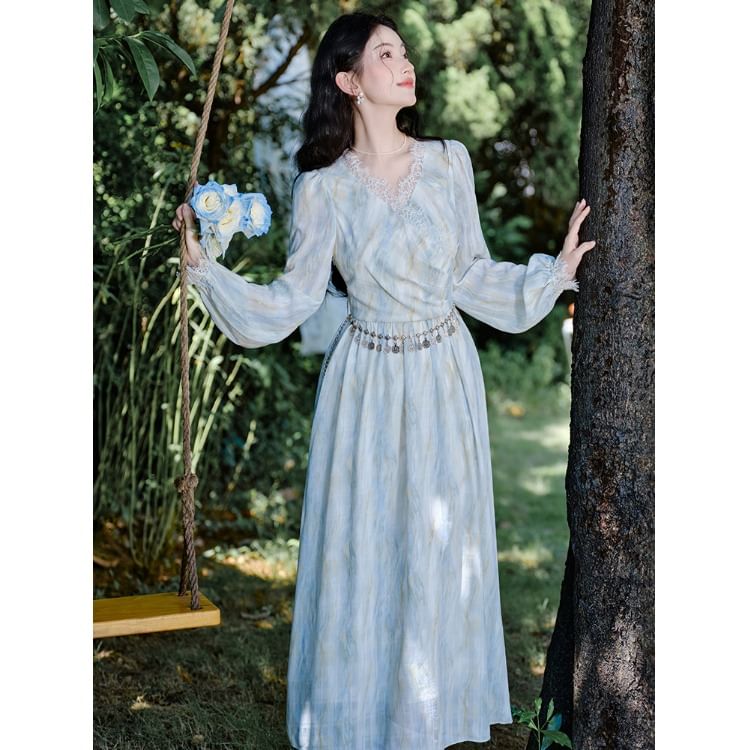 Long-Sleeve V-Neck Tie Dye Lace Trim Ruched Midi A-Line Dress / Waist Chain / Set