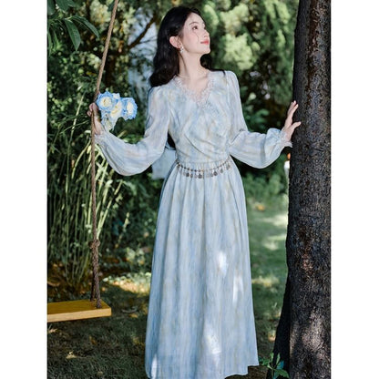 Long-Sleeve V-Neck Tie Dye Lace Trim Ruched Midi A-Line Dress / Waist Chain / Set