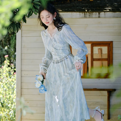 Long-Sleeve V-Neck Tie Dye Lace Trim Ruched Midi A-Line Dress / Waist Chain / Set