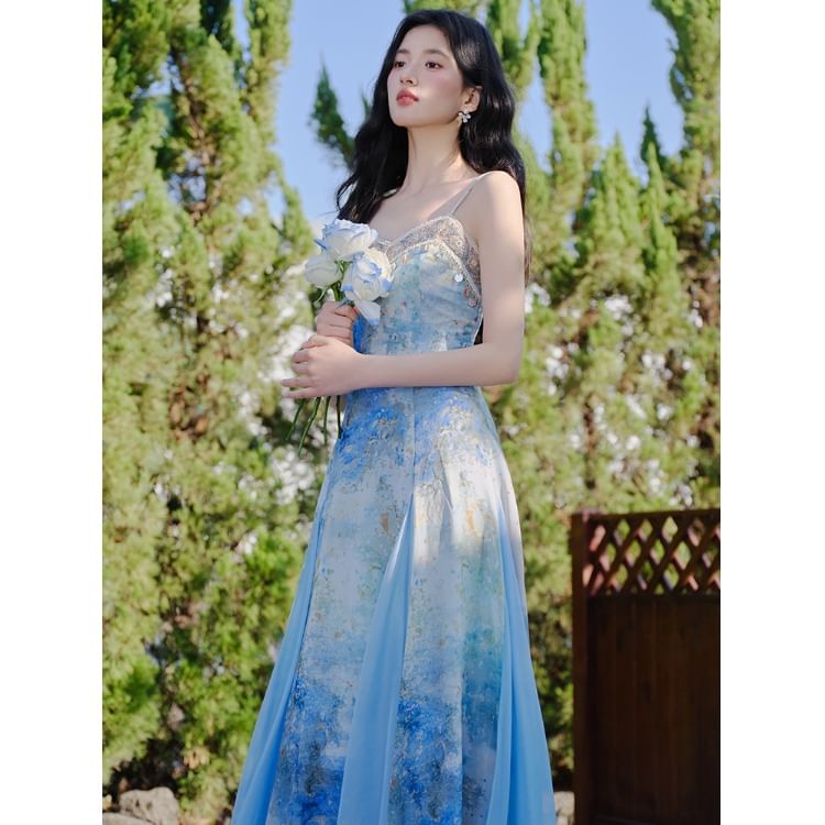 Spaghetti Strap V-Neck Tie Dye Shell Fringed Midi A-Line Dress / Perforated Tie Front Plain Crop Cardigan / Set