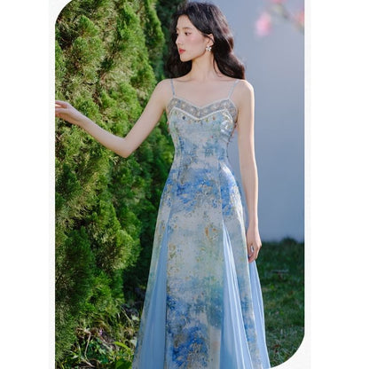 Spaghetti Strap V-Neck Tie Dye Shell Fringed Midi A-Line Dress / Perforated Tie Front Plain Crop Cardigan / Set