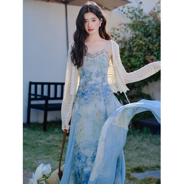 Spaghetti Strap V-Neck Tie Dye Shell Fringed Midi A-Line Dress / Perforated Tie Front Plain Crop Cardigan / Set