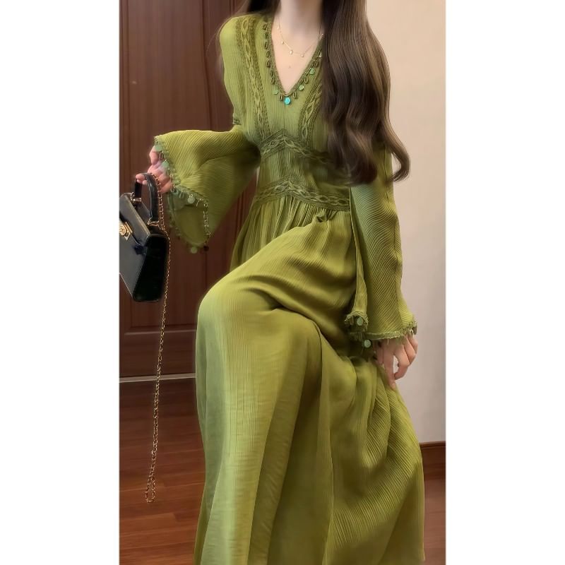 Long-Sleeve V-Neck Lace Panel Shell Fringed Maxi A-Line Dress