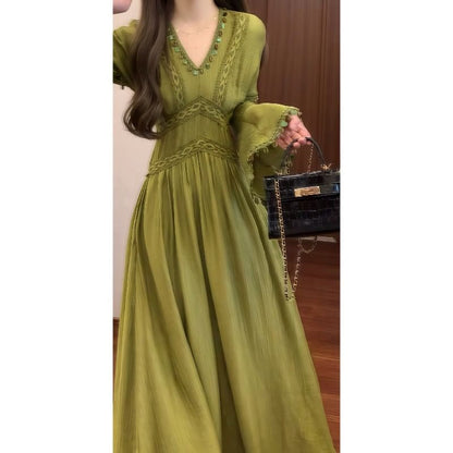 Long-Sleeve V-Neck Lace Panel Shell Fringed Maxi A-Line Dress