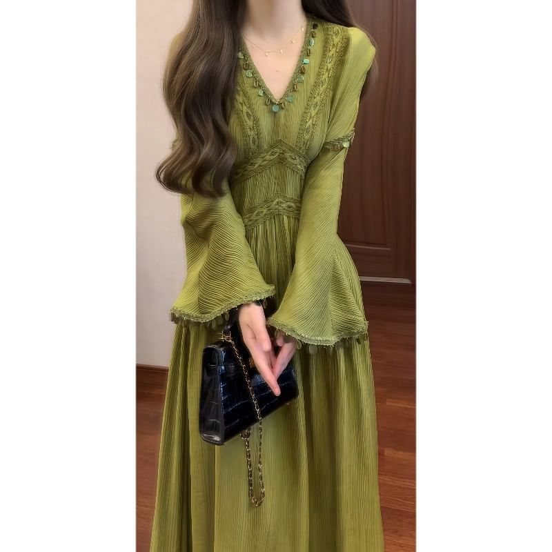 Long-Sleeve V-Neck Lace Panel Shell Fringed Maxi A-Line Dress