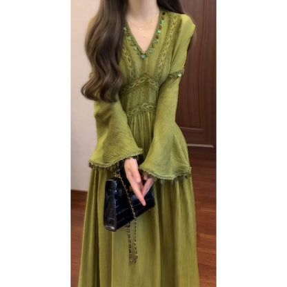 Long-Sleeve V-Neck Lace Panel Shell Fringed Maxi A-Line Dress