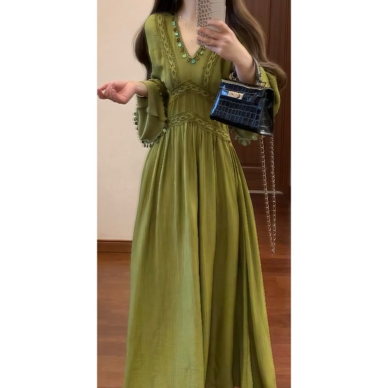 Long-Sleeve V-Neck Lace Panel Shell Fringed Maxi A-Line Dress