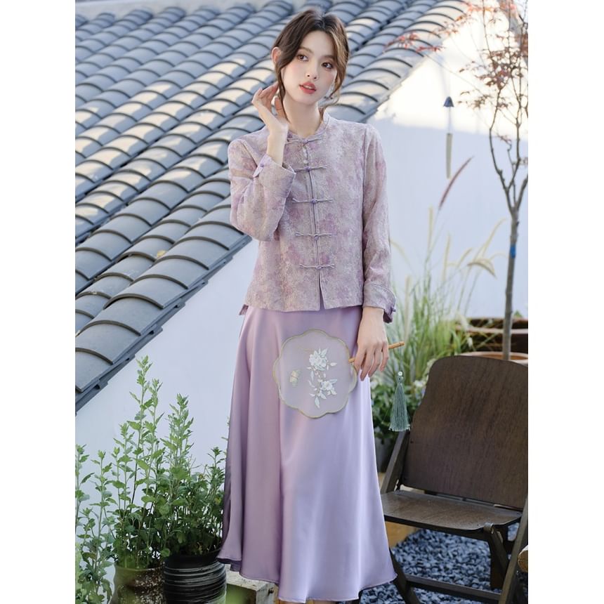 Stand Collar Tie Dye Button-Up Lace Jacket / Crew Neck Vest / High Rise Plain Midi A-Line Skirt / Set