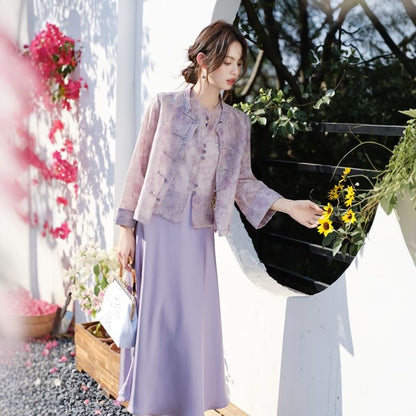 Stand Collar Tie Dye Button-Up Lace Jacket / Crew Neck Vest / High Rise Plain Midi A-Line Skirt / Set