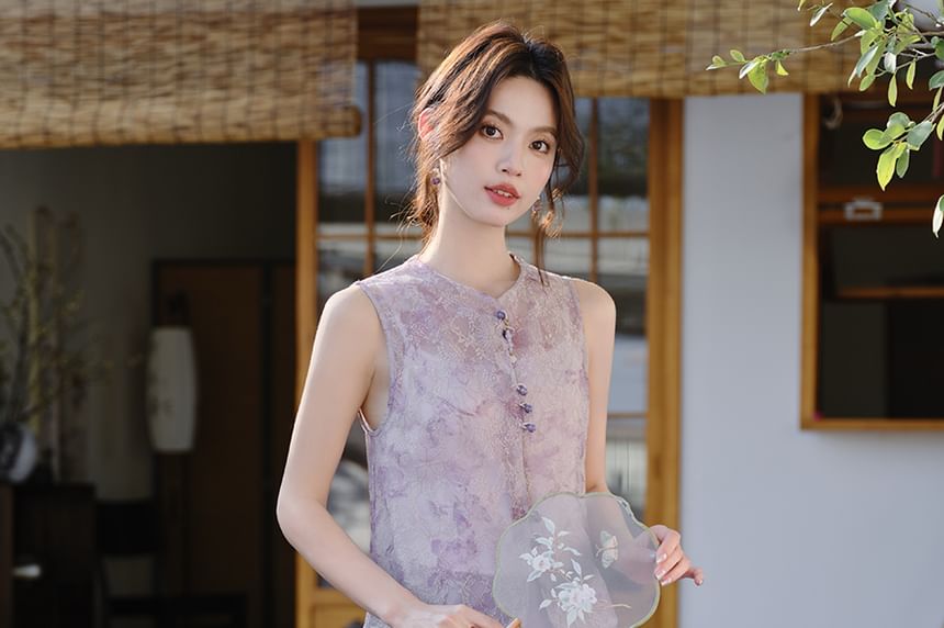 Stand Collar Tie Dye Button-Up Lace Jacket / Crew Neck Vest / High Rise Plain Midi A-Line Skirt / Set