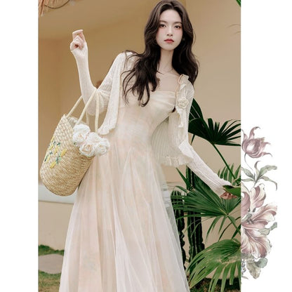 Spaghetti Strap V-Neck Tie Dye Ruched Maxi A-Line Dress / Plain Floral Accent Ruffle Trim Crop Cardigan / Set