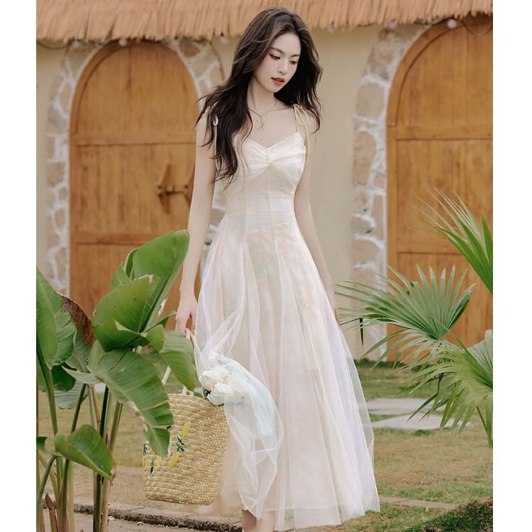 Spaghetti Strap V-Neck Tie Dye Ruched Maxi A-Line Dress / Plain Floral Accent Ruffle Trim Crop Cardigan / Set