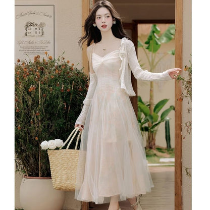 Spaghetti Strap V-Neck Tie Dye Ruched Maxi A-Line Dress / Plain Floral Accent Ruffle Trim Crop Cardigan / Set