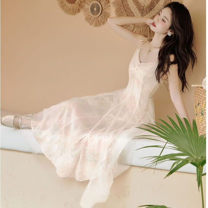 Spaghetti Strap V-Neck Tie Dye Ruched Maxi A-Line Dress / Plain Floral Accent Ruffle Trim Crop Cardigan / Set