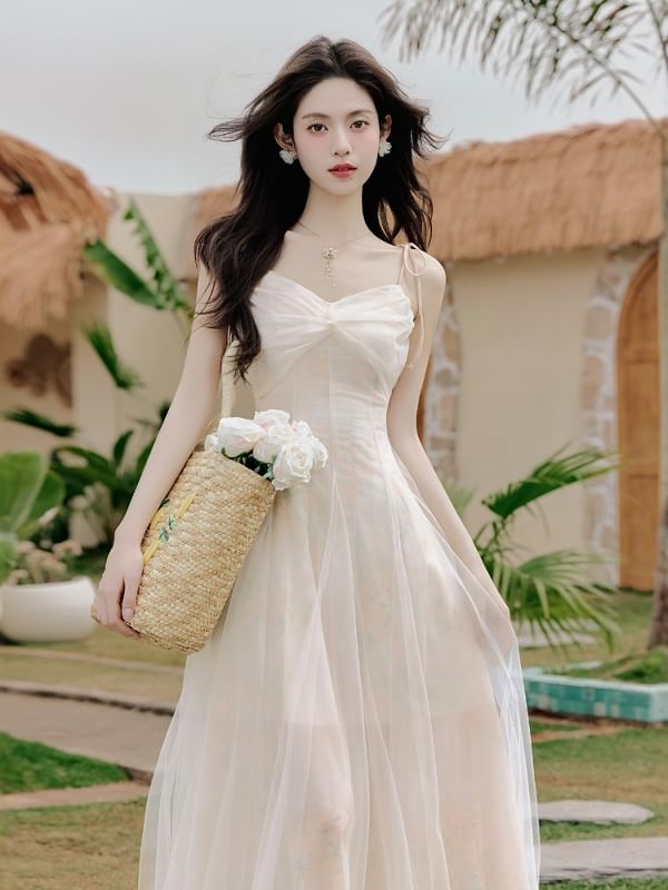 Spaghetti Strap V-Neck Tie Dye Ruched Maxi A-Line Dress / Plain Floral Accent Ruffle Trim Crop Cardigan / Set