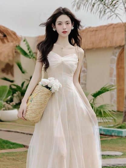 Spaghetti Strap V-Neck Tie Dye Ruched Maxi A-Line Dress / Plain Floral Accent Ruffle Trim Crop Cardigan / Set