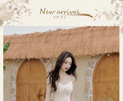 Spaghetti Strap V-Neck Tie Dye Ruched Maxi A-Line Dress / Plain Floral Accent Ruffle Trim Crop Cardigan / Set