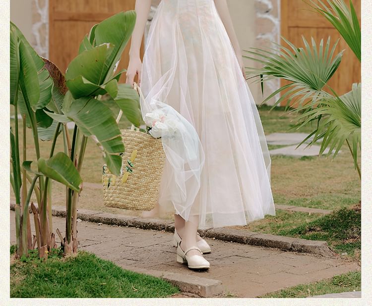 Spaghetti Strap V-Neck Tie Dye Ruched Maxi A-Line Dress / Plain Floral Accent Ruffle Trim Crop Cardigan / Set