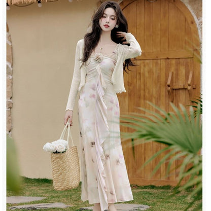 Spaghetti Strap V-Neck Tie Dye Floral Accent Ruffle Trim Ruched Maxi Mermaid Dress / Plain Lace Trim Crop Cardigan / Set