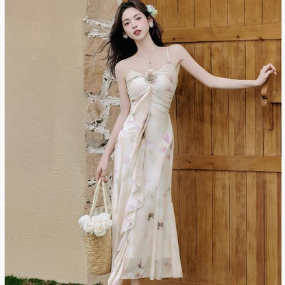 Spaghetti Strap V-Neck Tie Dye Floral Accent Ruffle Trim Ruched Maxi Mermaid Dress / Plain Lace Trim Crop Cardigan / Set