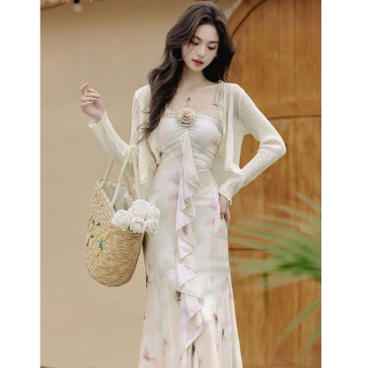 Spaghetti Strap V-Neck Tie Dye Floral Accent Ruffle Trim Ruched Maxi Mermaid Dress / Plain Lace Trim Crop Cardigan / Set