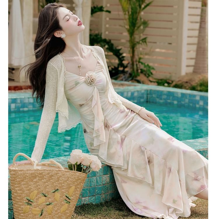 Spaghetti Strap V-Neck Tie Dye Floral Accent Ruffle Trim Ruched Maxi Mermaid Dress / Plain Lace Trim Crop Cardigan / Set