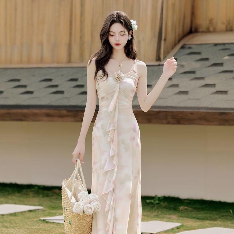 Spaghetti Strap V-Neck Tie Dye Floral Accent Ruffle Trim Ruched Maxi Mermaid Dress / Plain Lace Trim Crop Cardigan / Set