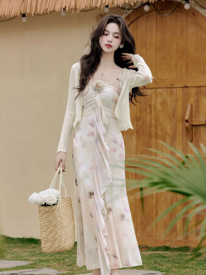 Spaghetti Strap V-Neck Tie Dye Floral Accent Ruffle Trim Ruched Maxi Mermaid Dress / Plain Lace Trim Crop Cardigan / Set