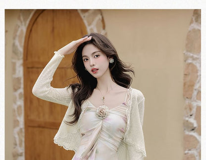 Spaghetti Strap V-Neck Tie Dye Floral Accent Ruffle Trim Ruched Maxi Mermaid Dress / Plain Lace Trim Crop Cardigan / Set