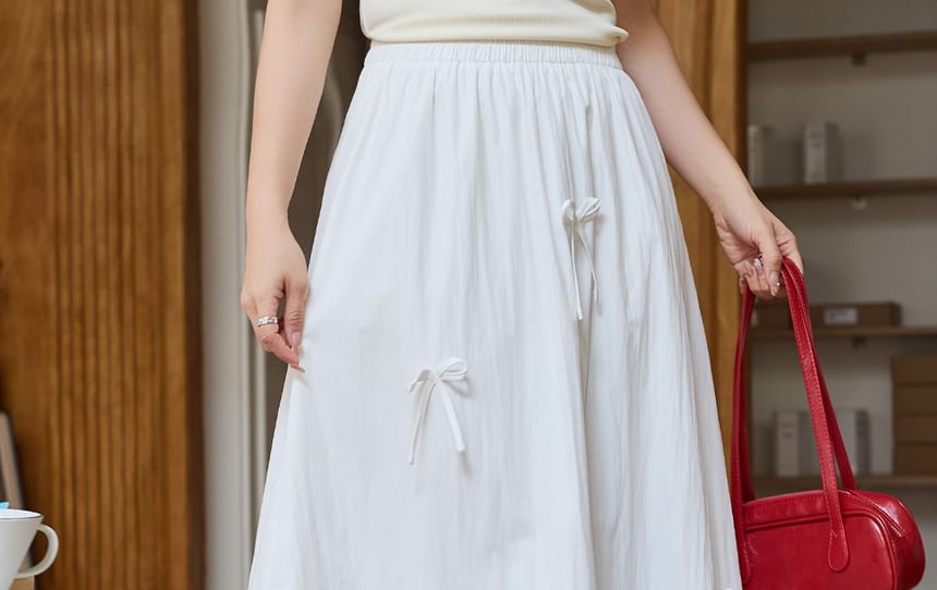 Plus Size High Rise Plain Bow Detail Midi A-Line Skirt