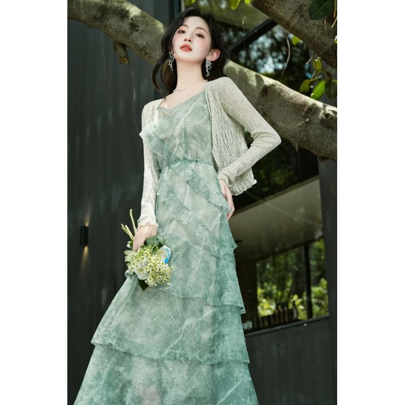Sleeveless Print Maxi Tiered A-Line Dress / Light Cardigan / Set