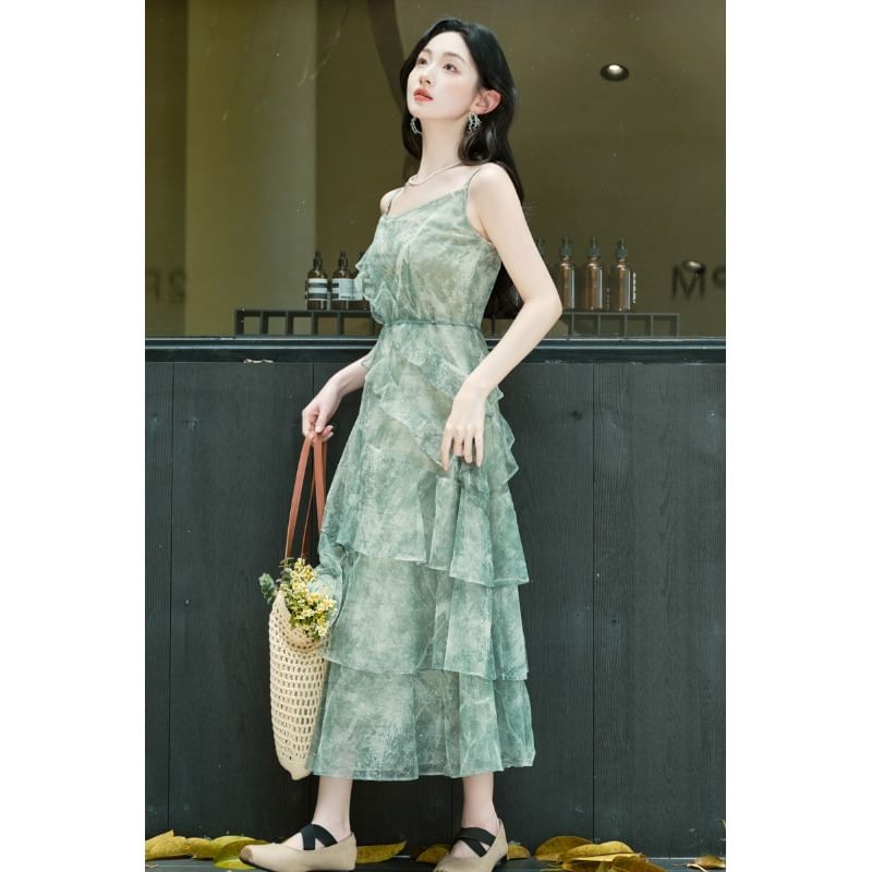 Sleeveless Print Maxi Tiered A-Line Dress / Light Cardigan / Set