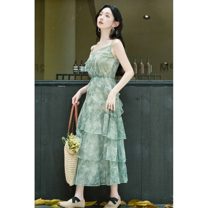 Sleeveless Print Maxi Tiered A-Line Dress / Light Cardigan / Set