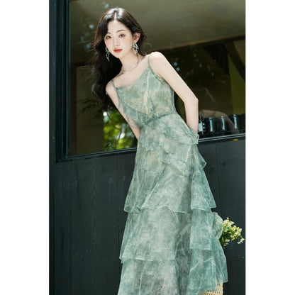 Sleeveless Print Maxi Tiered A-Line Dress / Light Cardigan / Set