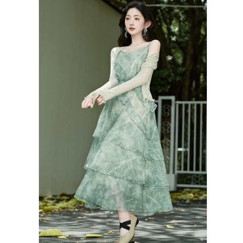 Sleeveless Print Maxi Tiered A-Line Dress / Light Cardigan / Set