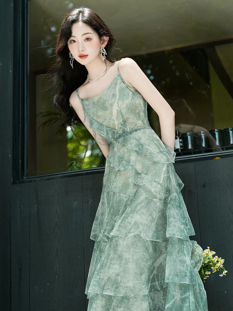 Sleeveless Print Maxi Tiered A-Line Dress / Light Cardigan / Set