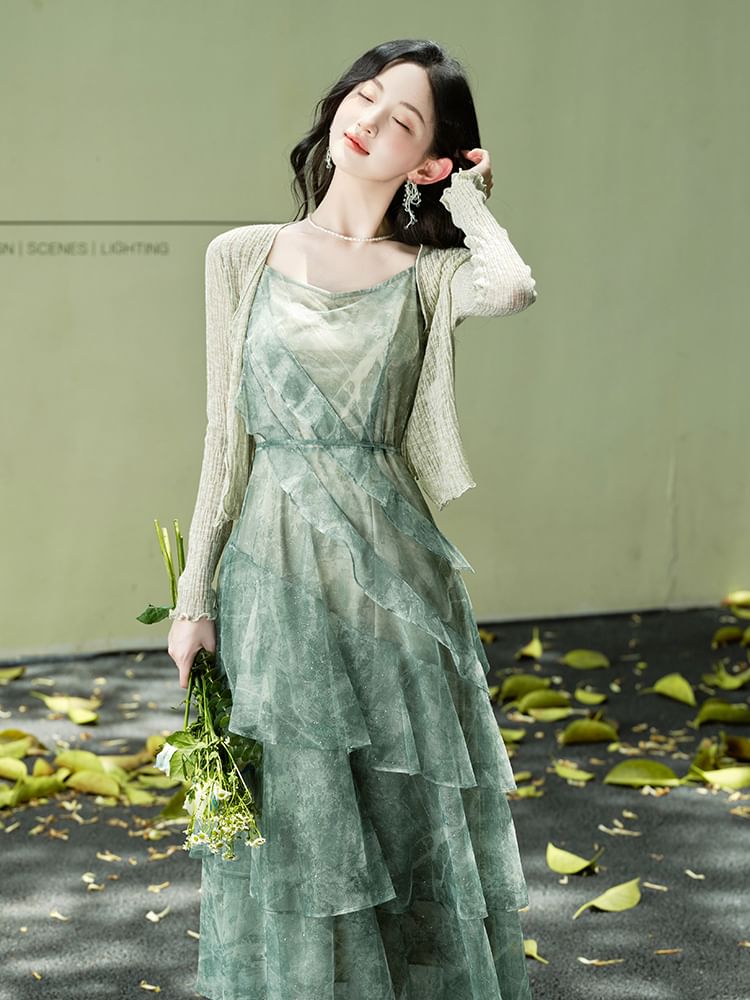 Sleeveless Print Maxi Tiered A-Line Dress / Light Cardigan / Set
