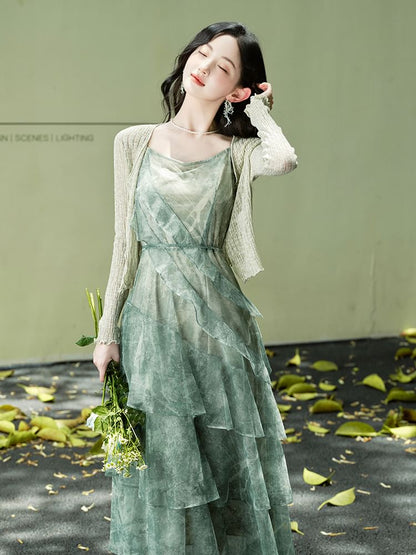 Sleeveless Print Maxi Tiered A-Line Dress / Light Cardigan / Set