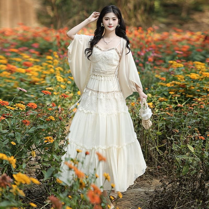 Sleeveless Tasseled Plain Top / High Waist Maxi A-Line Skirt / Jacket / Set