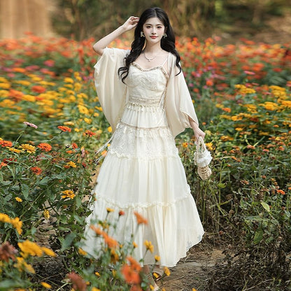 Sleeveless Tasseled Plain Top / High Waist Maxi A-Line Skirt / Jacket / Set