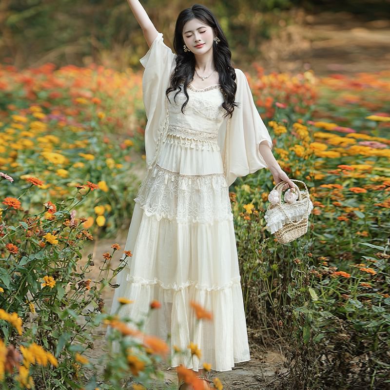 Sleeveless Tasseled Plain Top / High Waist Maxi A-Line Skirt / Jacket / Set