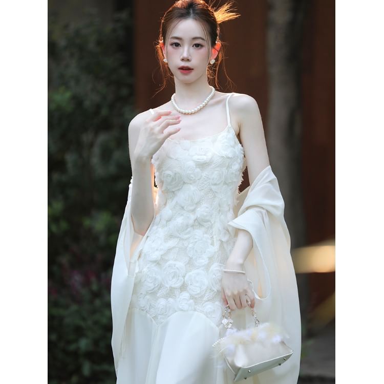 Spaghetti Strap Lace Maxi Dress / Plain Cardigan / Set