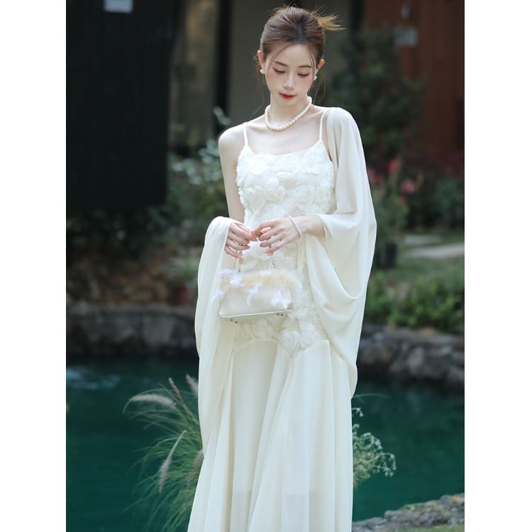 Spaghetti Strap Lace Maxi Dress / Plain Cardigan / Set