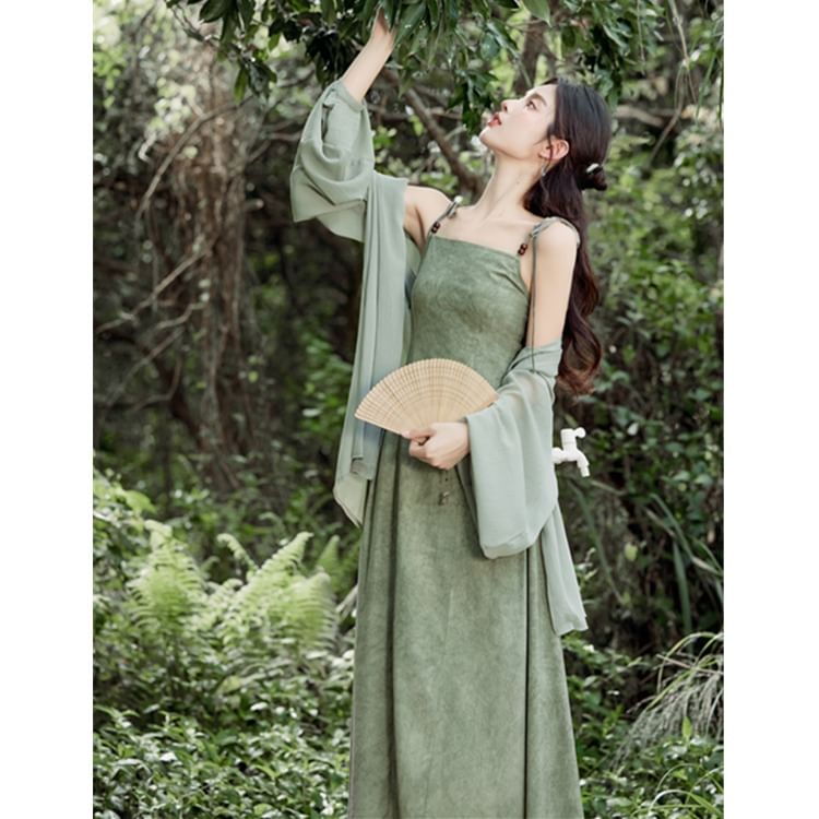 Plain Light Jacket / Spaghetti Strap Maxi A-Line Dress / Set