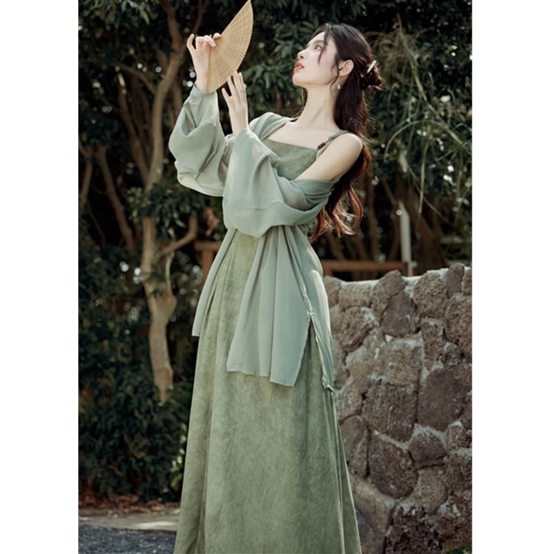 Plain Light Jacket / Spaghetti Strap Maxi A-Line Dress / Set