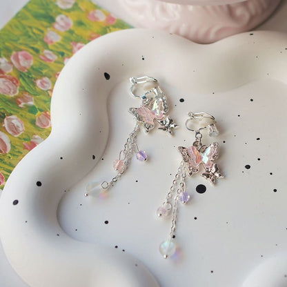 Sterling / Earring 925 Drop Butterfly Silver Bead Clip-On