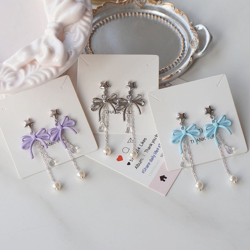 Faux Silver Earring 925 Sterling Bow / Pearl Drop Clip-On